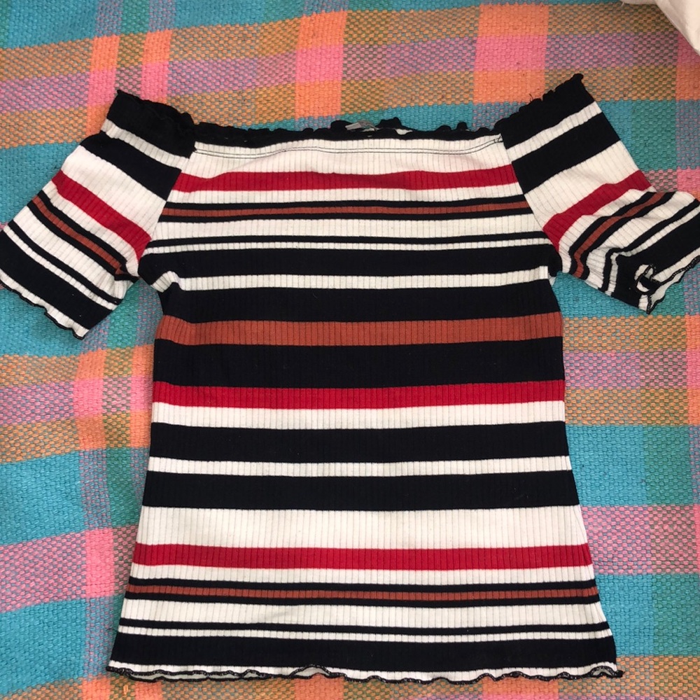 striped off shoulder shirt